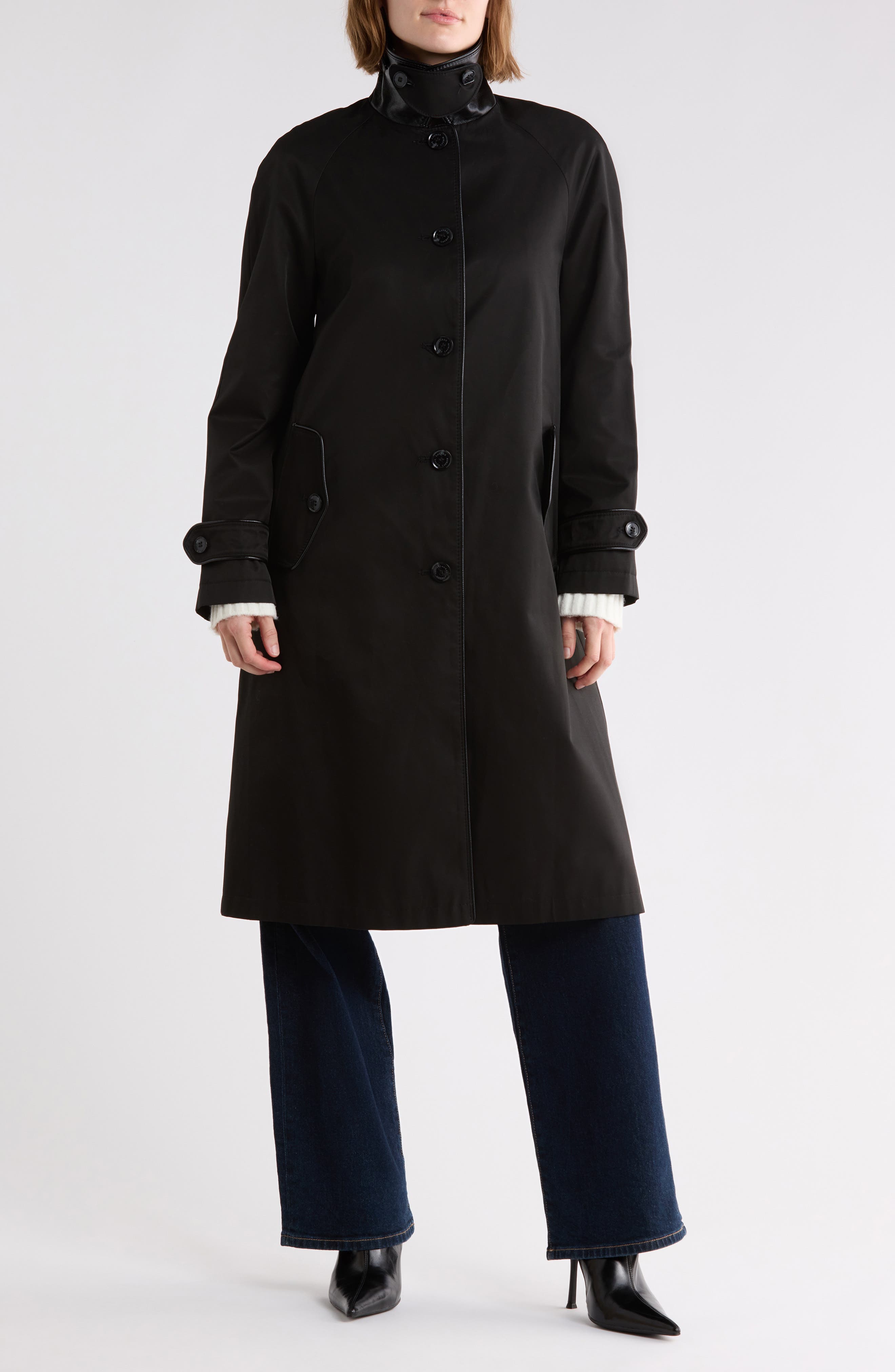 Faux Leather Trim Balmacaan Rain Coat
