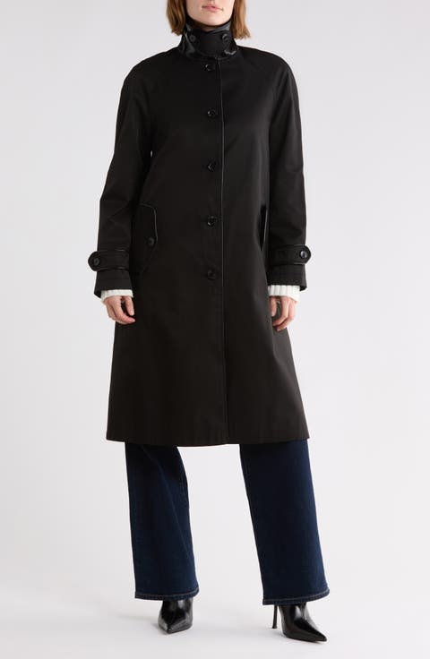 Faux Leather Trim Balmacaan Rain Coat