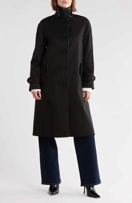 Faux Leather Trim Balmacaan Rain Coat