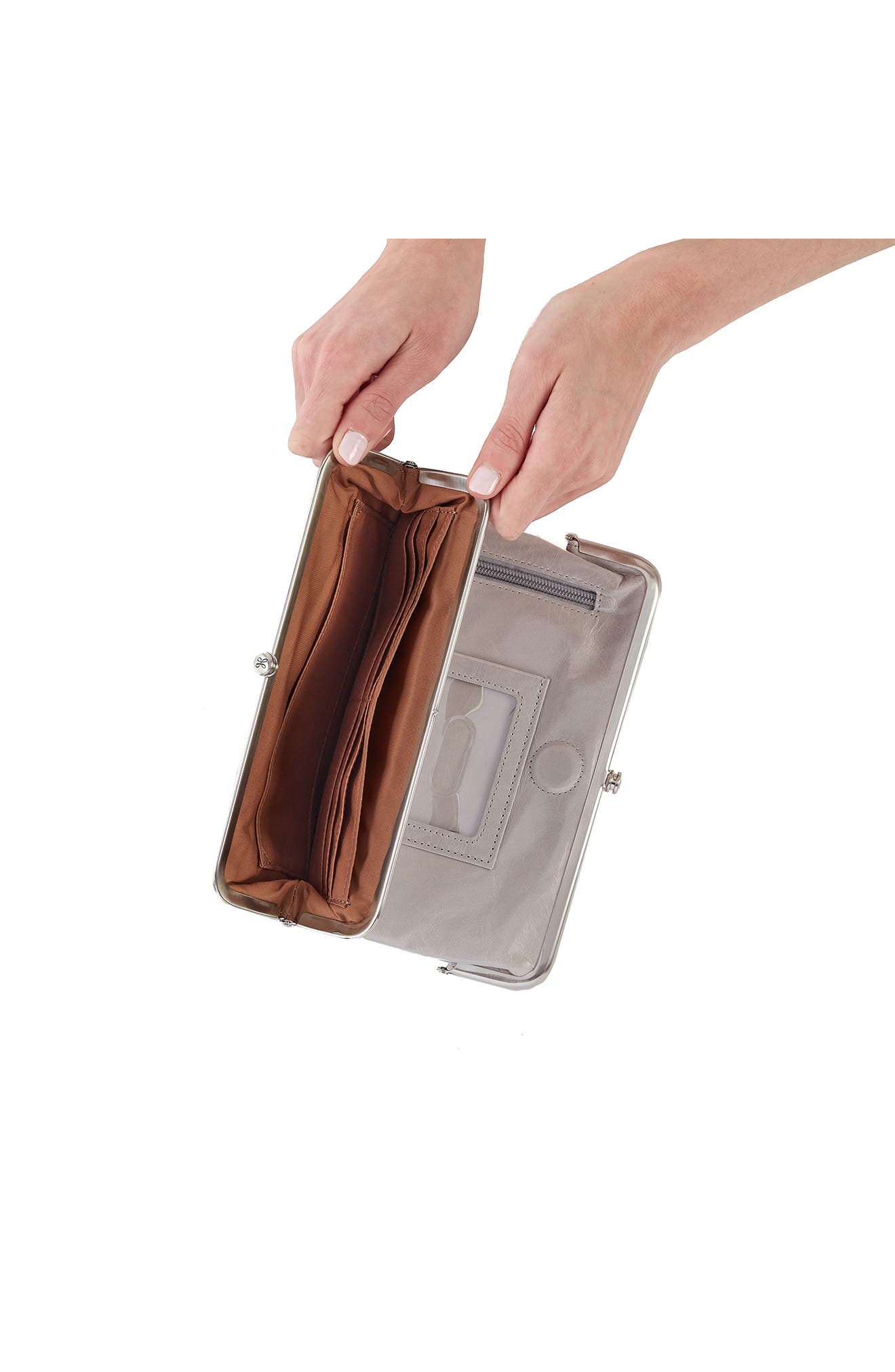 HOBO Lauren Leather Double Frame Clutch, Alternate, color, Light Grey