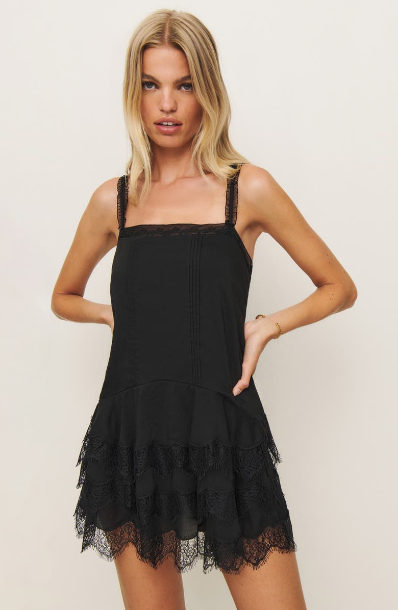 Reformation Cleodora Lace Trim Minidress, Alternate, color, Black