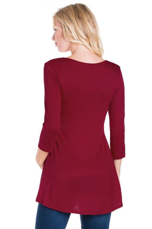 24seven Comfort Apparel Three Quarter Sleeve V-neck Maternity Tunic Top In Burgundy