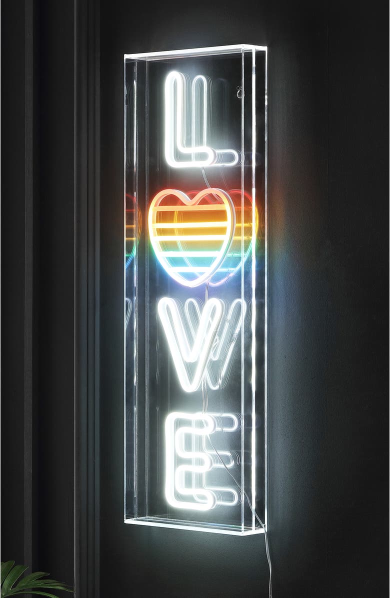 JONATHAN Y LOVE 8" X 24" Contemporary Glam Acrylic Box USB Operated LED Neon Light, White/Rainbow, Alternate, color, White/Rainbow