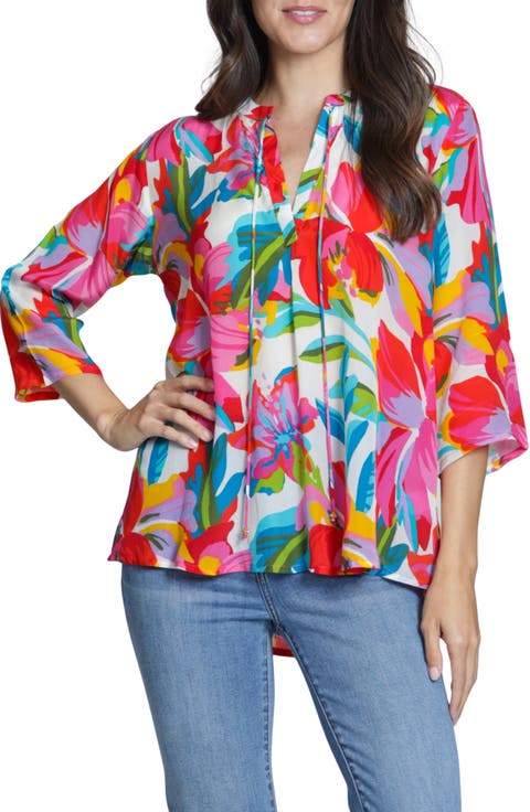 Print Tassel Split Neck Chiffon Top
