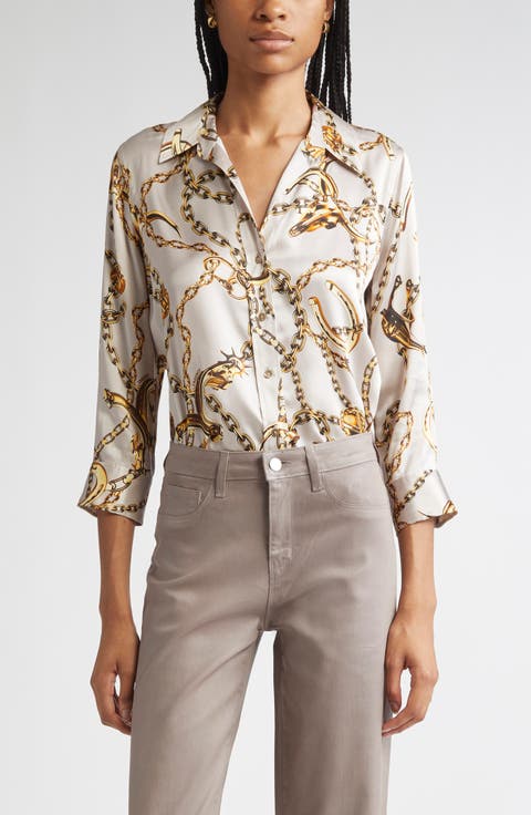Dani Chain Print Silk Button-Up Shirt