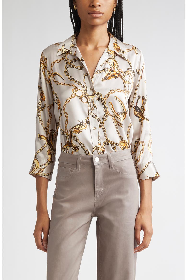 gold chain with dress shirt Men Black White Gold Chain Casual Collarless Long Sleeve Dress Button Down Shirt