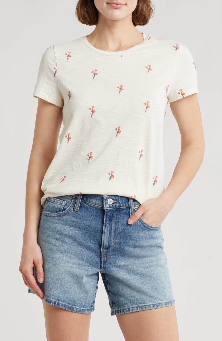 Lucky Brand Flower Embroidered Cotton T-Shirt, Main, color, Flower Embroidery