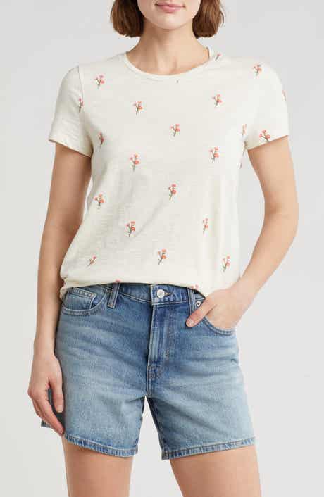 Lucky Brand Flower Embroidered Cotton T-Shirt