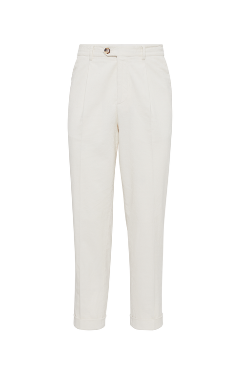 Brunello Cucinelli Cotton-virgin Wool Gabardine Italian Trousers In Off-white