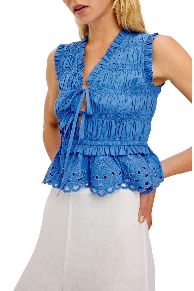 Martine Eyelet Smocked Ruffle Cotton Crop Top, Alternate, color, HARBOR BLUE