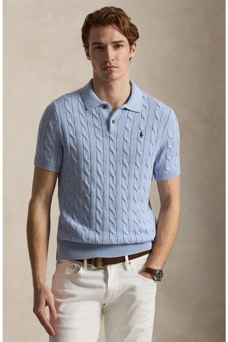 Cable-Knit Cotton Polo Sweater, Alternate, color, BLUE HYACINTH HTHR