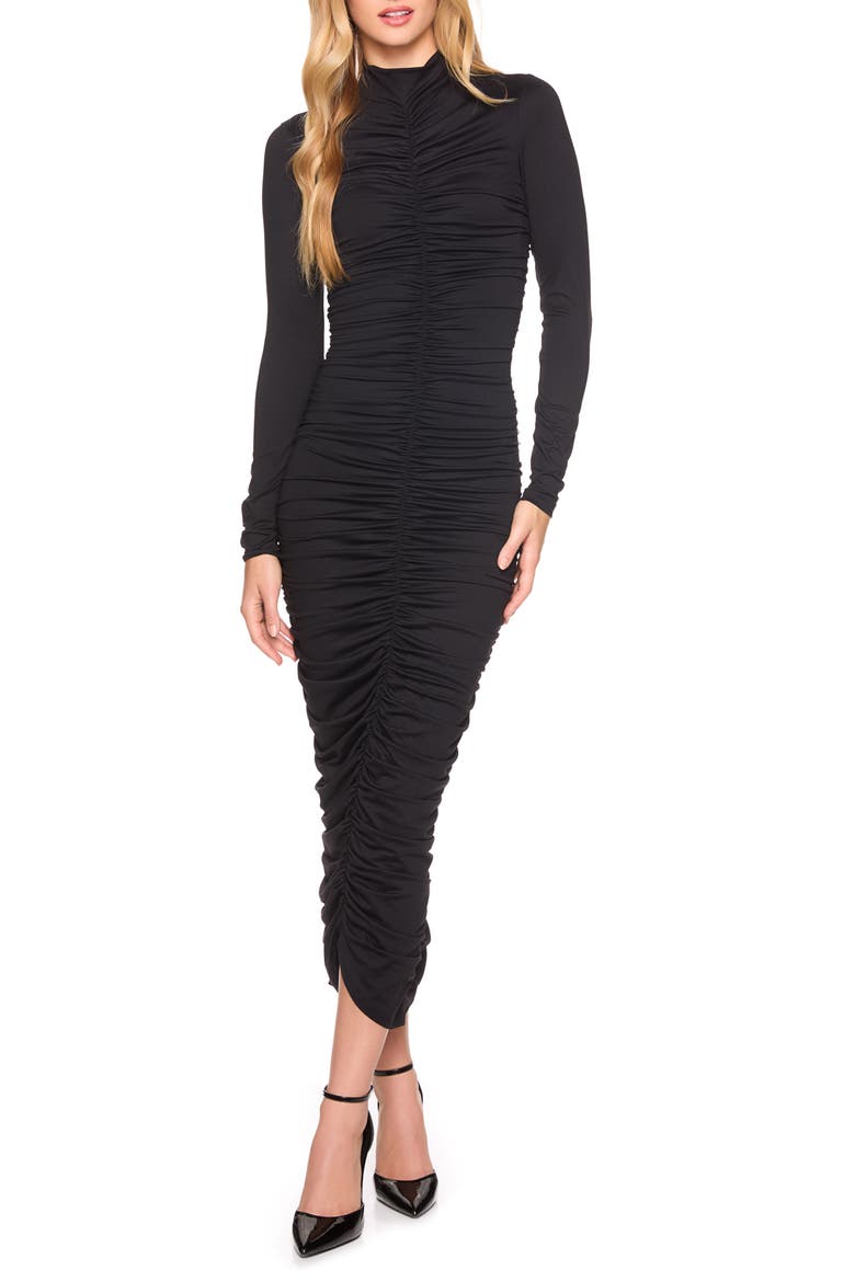 Ruched Long Sleeve Mock Neck Midi Dress, Main, color, BLACK