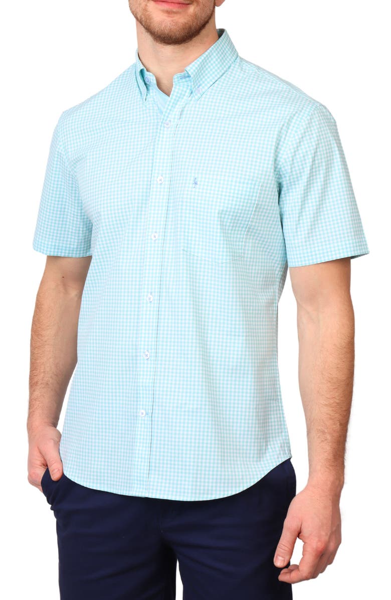 TailorByrd Gingham Short Sleeve Stretch Cotton Button-Up Shirt, Main, color, Seafoam