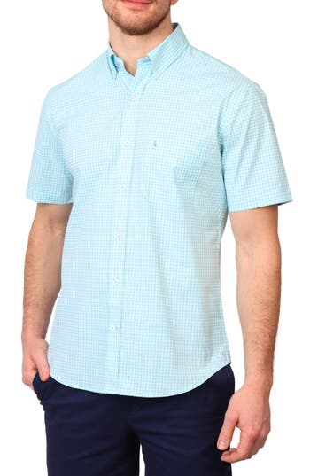 Tailorbyrd Gingham Short Sleeve Stretch Cotton Button-up Shirt In Seafoam