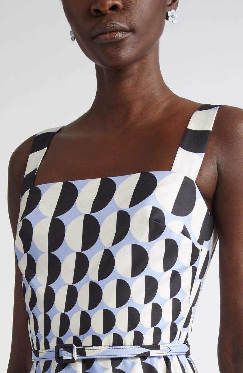 Oscar de la Renta Geo Print Silk Twill Belted Midi Dress, Alternate, color, Black/ Blue