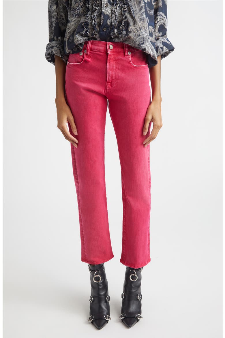 Romeo Distressed Crop Slim Straight Leg Jeans, Main, color, FUCHSIA STRETCH