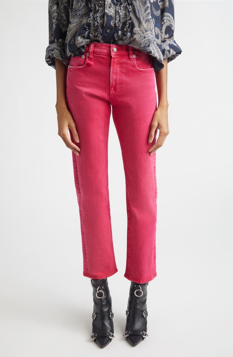 R13 Romeo Distressed Crop Slim Straight Leg Jeans, Main, color, Fuchsia Stretch