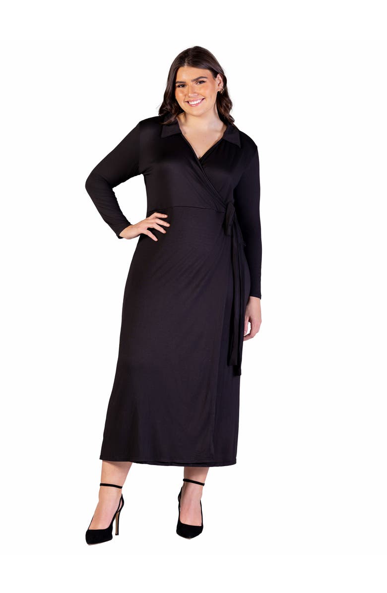 24seven Comfort Apparel Comfortable Collared Wrap Maxi Dress, Main, color, Black