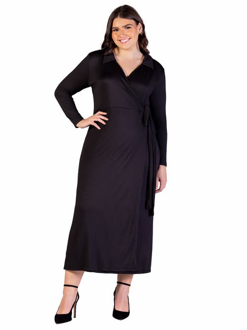 24seven Comfort Apparel Plus Size Collared Wrap Maxi Dress In Black