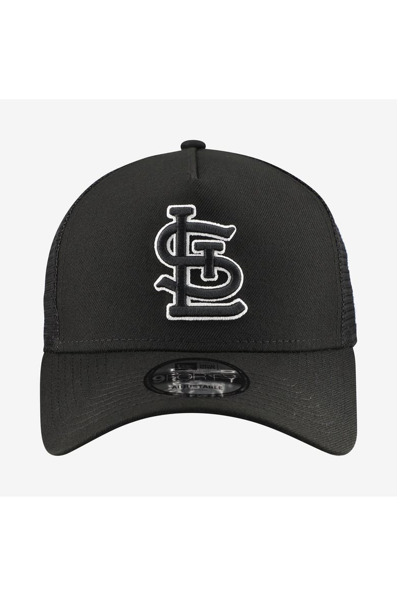 Men's New Era Black St. Louis Cardinals Side Script 9FORTY A-Frame Trucker Adjustable Hat, Alternate, color, Black