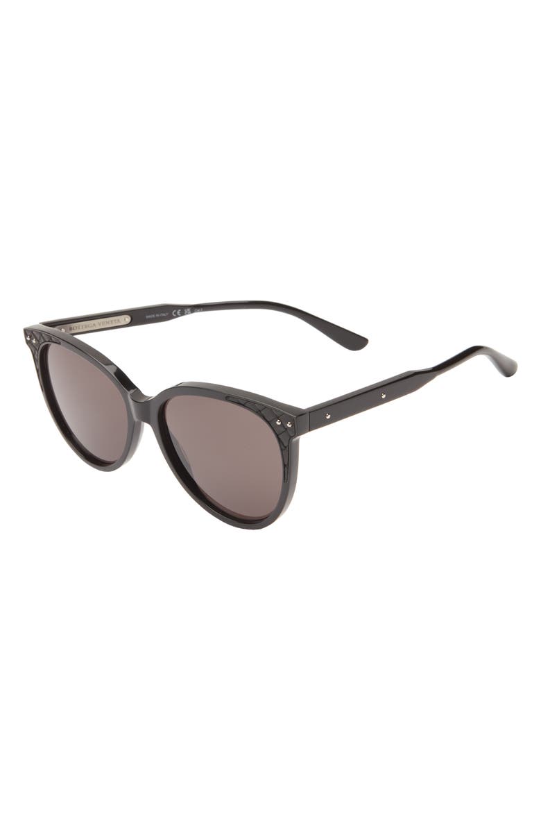 Bottega Veneta 55mm Diamond Quilt Round Sunglasses, Alternate, color, Shiny Black Black Leather