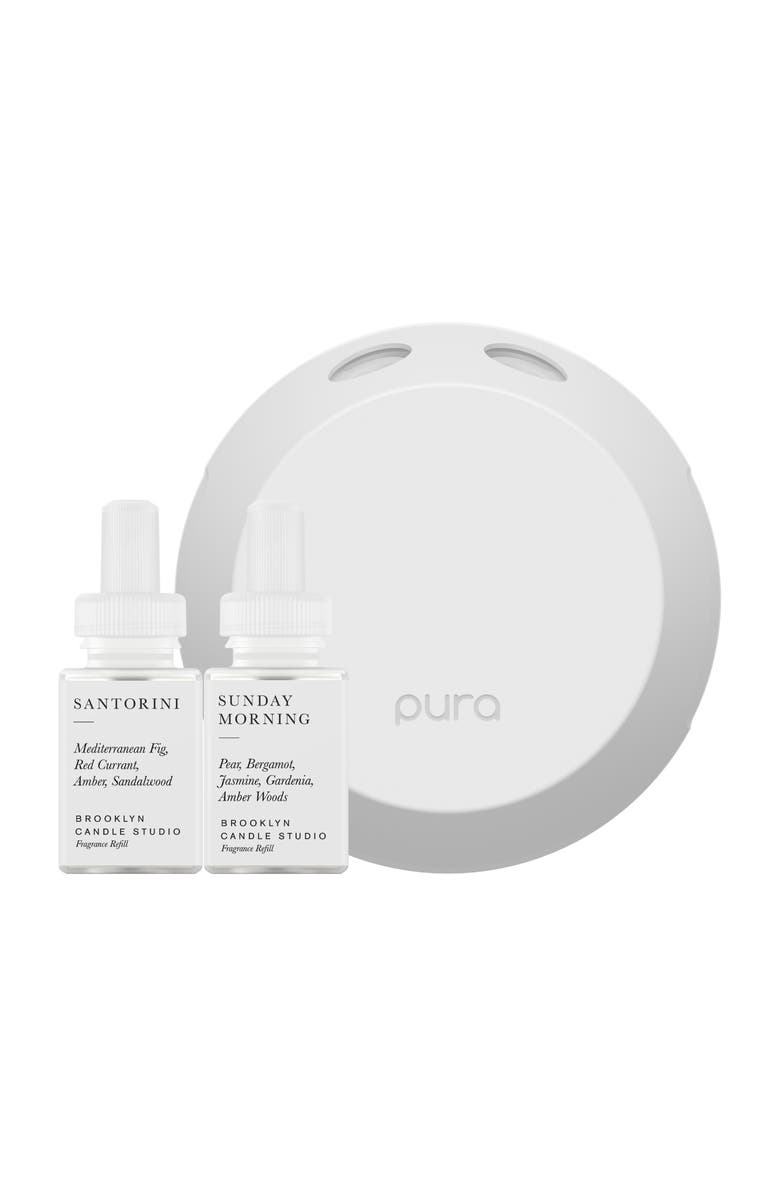 PURA x Brooklyn Candle Studio Santorini & Sunday Morning Pura 4 Smart Fragrance Diffuser & Refill Set, Main, color, Santorini/ Sunday Morning