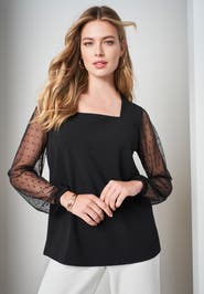 Jessica London Stretch Crepe Square Neck Mixed Media Top