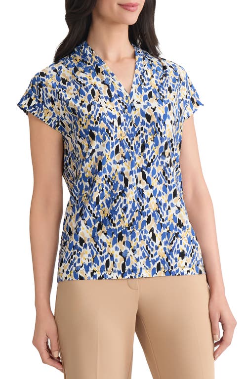 Kasper Abstract Print Short Sleeve Knit Top In Blue
