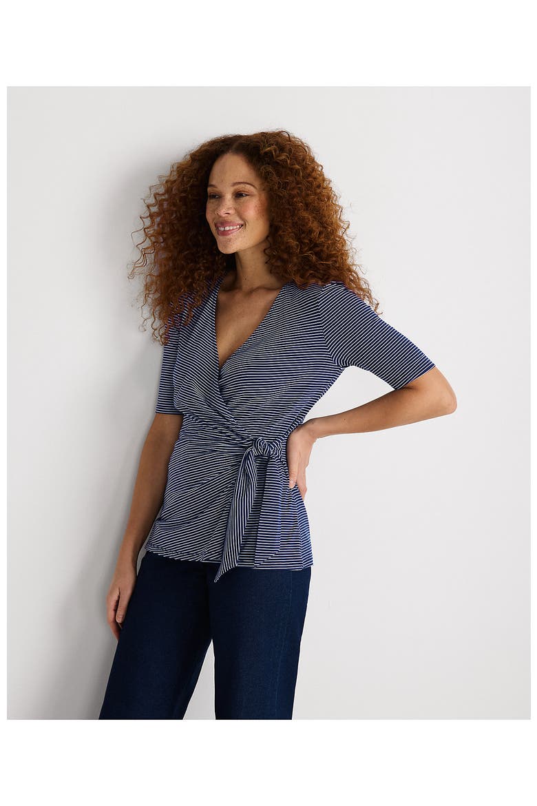 Elbow Sleeve Lightweight Jersey Side Tie Blouse, Alternate, color, Deep Sea Navy Tiny Stripe