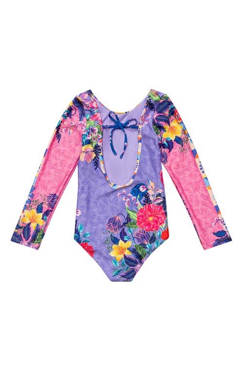 Shop Agua Bendita Kids' Vessel Honey Long Sleeve One-piece Rashguard Swimsuit In Purple Multi