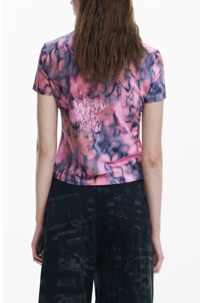 Floral Embellished Lace Inset Cotton T-Shirt, Alternate, color, PINK