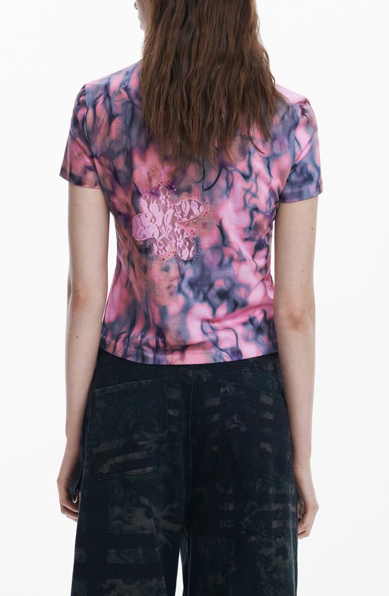 Desigual Floral Embellished Lace Inset Cotton T-Shirt, Alternate, color, Pink