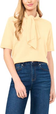 CeCe Tie Neck Short Sleeve Sweater