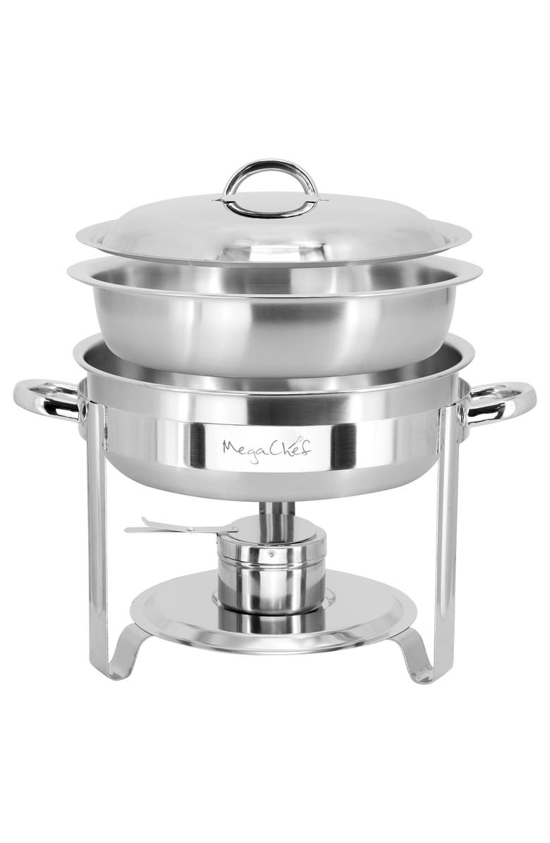 Megachef 5.3 Quart Round Stainless Steel Professional Chafing Dish/Food Warmer/Buffet Server Serving Trays, Alternate, color, Silver