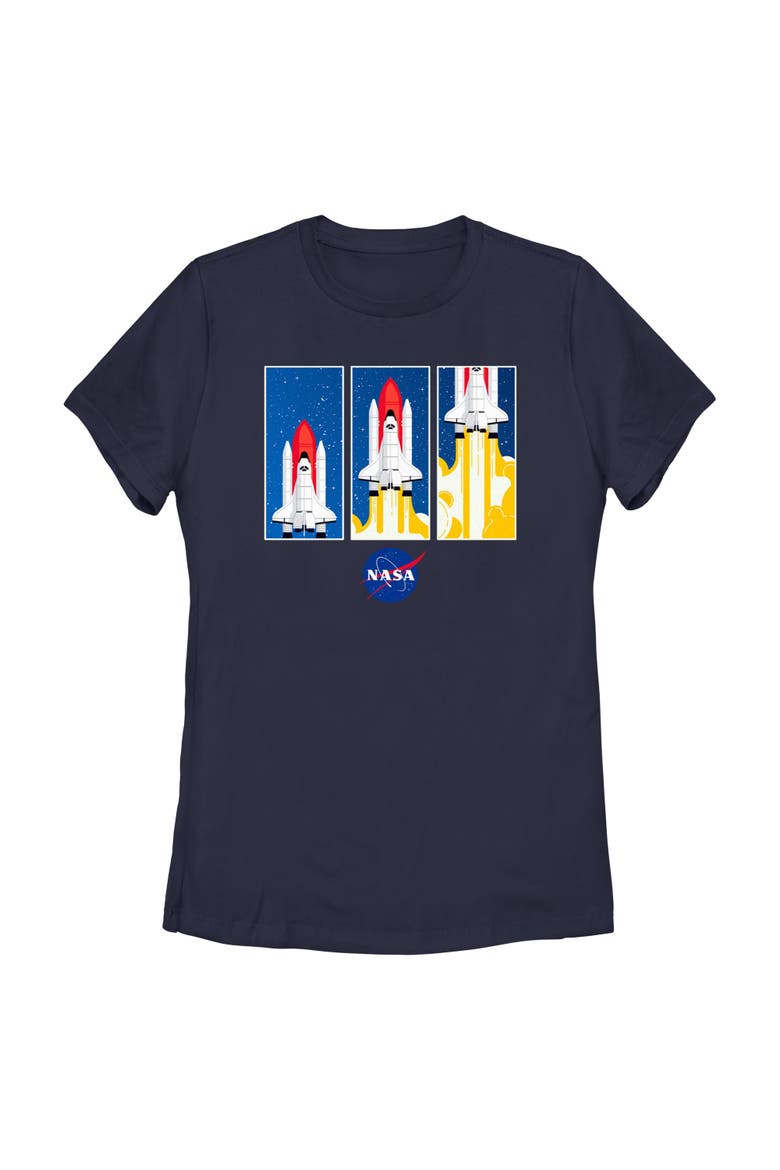 Juniors NASA Animated Rocket Panels T Shirt, Main, color, Navy Blue