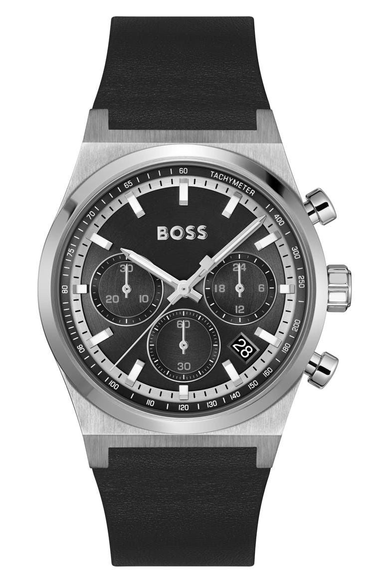 Candor Chronograph Leather Strap Watch, 41mm, Main, color, BLACK DIAL