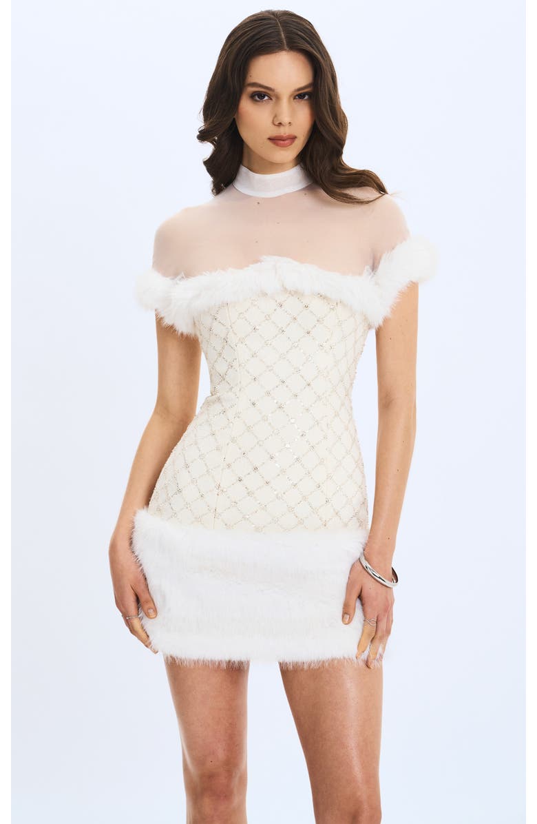 Miss Circle Taylor Faux Fur Trimmed Beaded Bouclé Mini Dress, Main, color, Ivory White