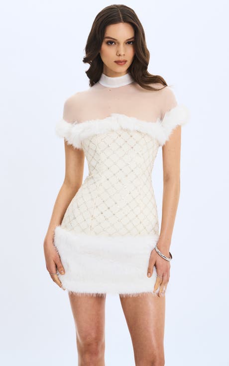 Taylor Faux Fur Trimmed Beaded Bouclé Mini Dress