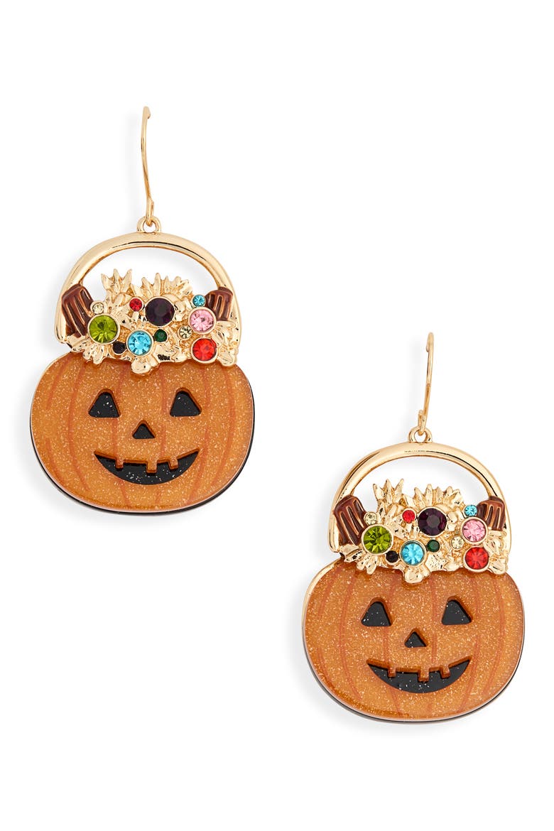 Pumpkin Crystal Drop Earrings, Main, color, ORANGE MULTI- GOLD