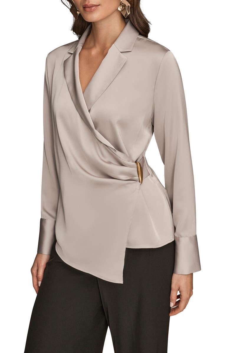 Donna Karan New York Pleated Wrap Front Silk Top, Alternate, color, Vapor