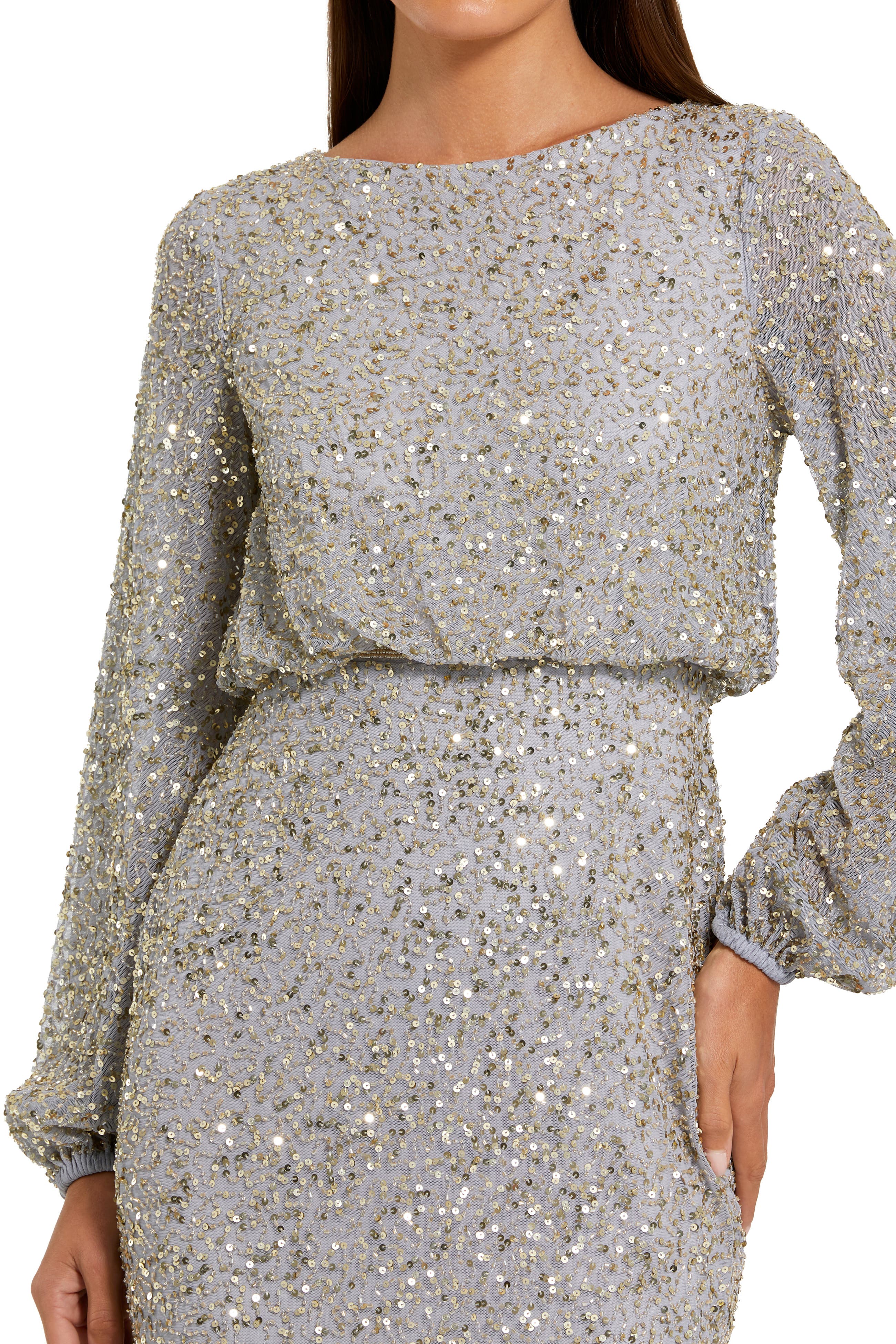 sequin mesh blouson dress Sequin Blouson Three Quarter Sleeve Dress - Green