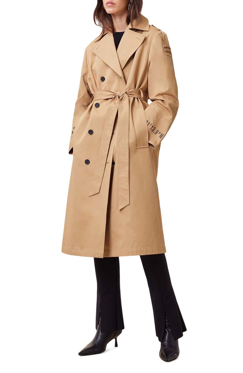 AllSaints Demmi Tie Waist Double Breasted Trench Coat, Main, color, 