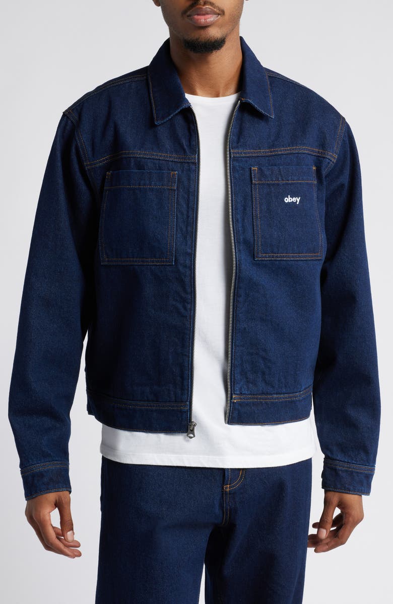 Obey Hardwork Zip Up Denim Jacket, Main, color,
