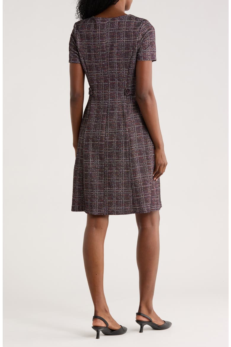 Plaid Short Sleeve Bouclé A-Line Dress, Alternate, color, AUBERGINE