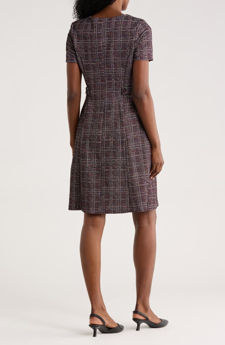 Connected Apparel Plaid Short Sleeve Bouclé A-Line Dress, Alternate, color, Aubergine