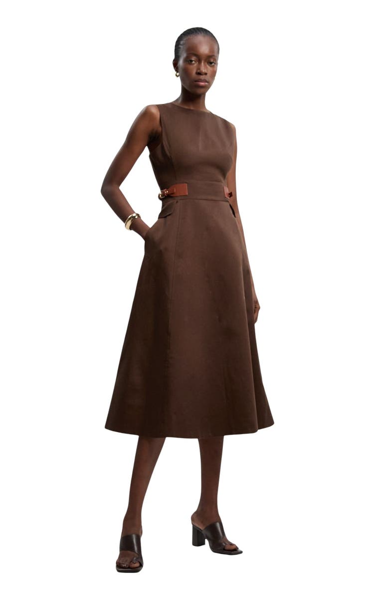 Karen Millen Fitted Belt Crew Neck Midi Dress, Main, color, Chocolate