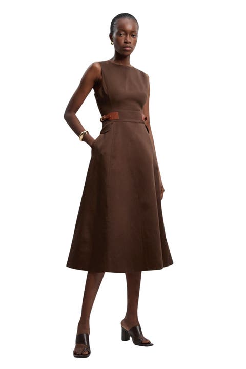 Fitted Belt Crew Neck Midi Dress