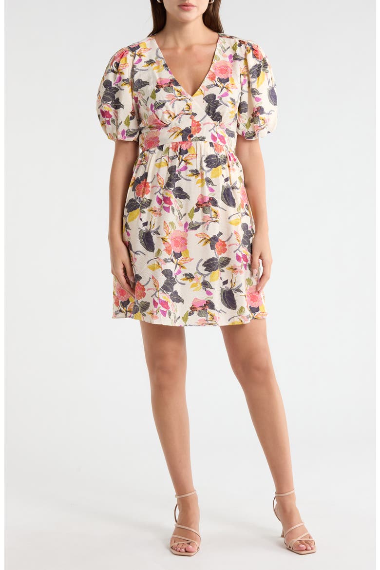 Puff Sleeve Fit & Flare Minidress, Main, color, IVORY- PINK JACOBEAN BLOOM