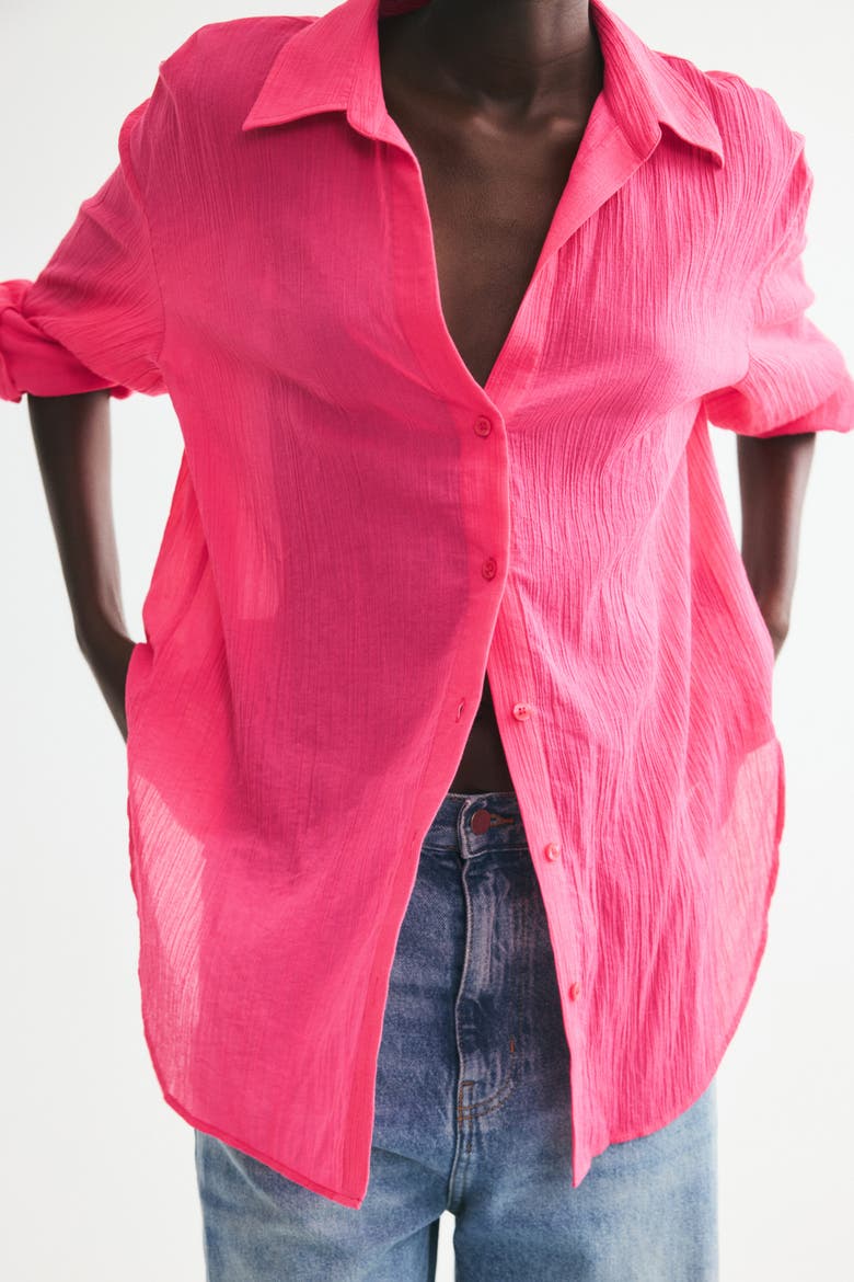 Crinkled Cotton Shirt, Alternate, color, Cerise