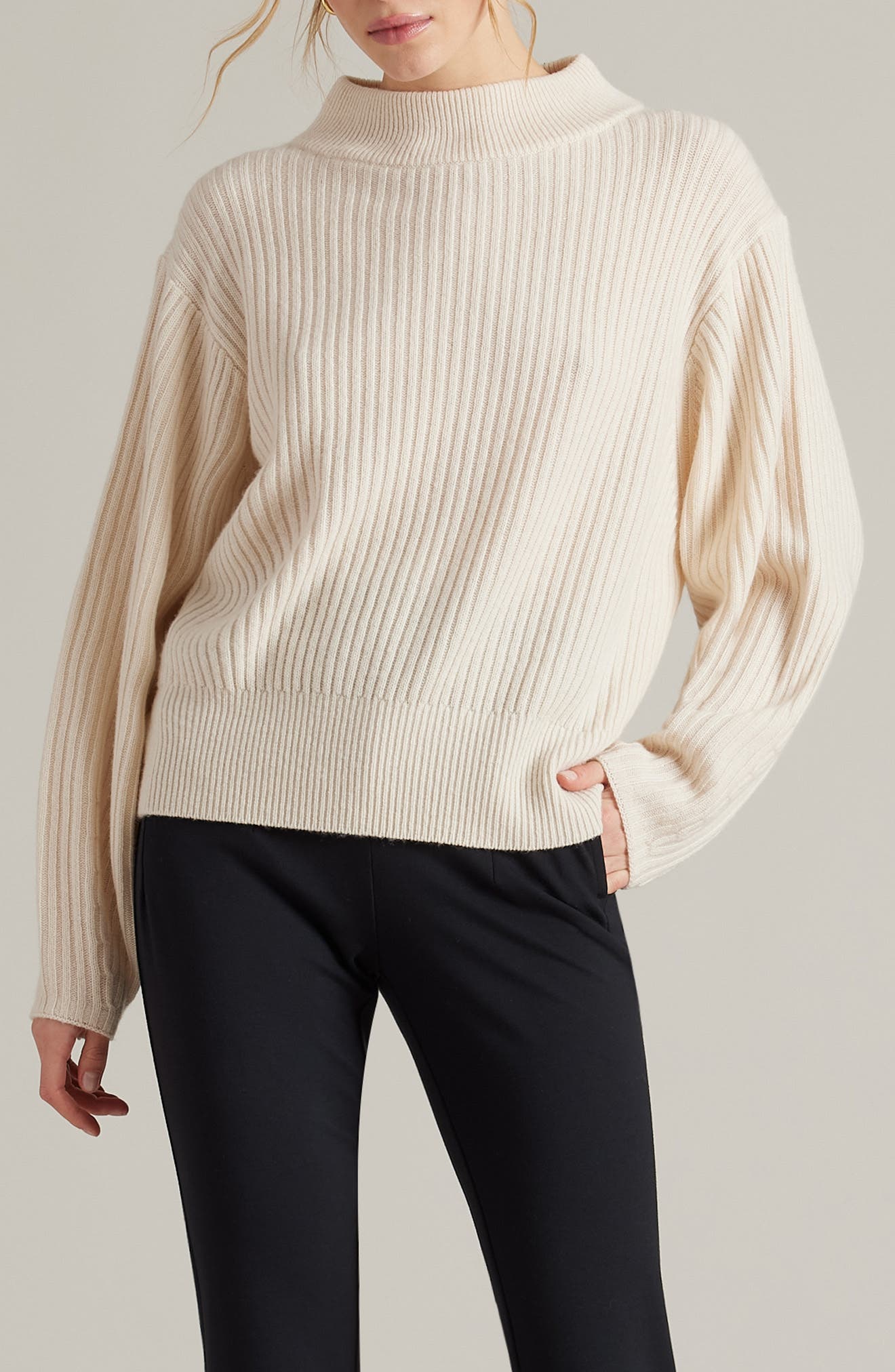 Mock Neck Cashmere & Wool Rib Sweater